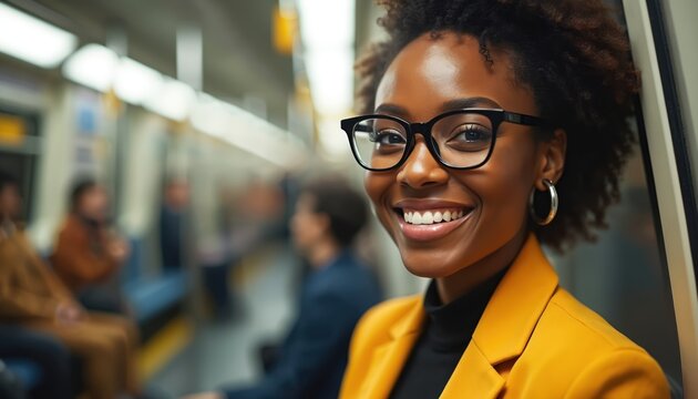 Smiling Black woman wearing glasses rides subway train. She looks happy commuting to work. Urban public transport lifestyle, career woman journey.