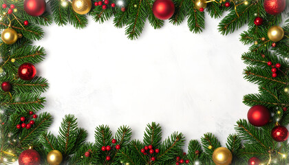 Christmas festive border with ornaments and fir branches on white background