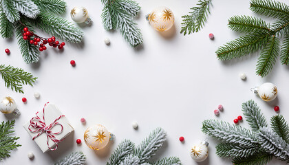 Festive Christmas Holiday Background with Fir Branches Ornaments and Gift Box