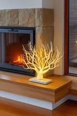 Illuminated decorative tree with warm lights placed on wooden shelf near cozy fireplace, creating a festive atmosphere for Christmas celebrations and holiday gatherings