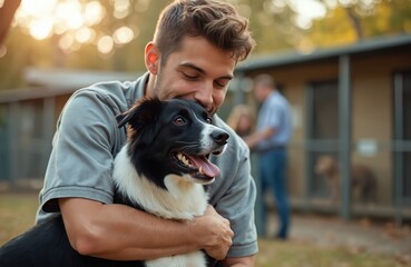 Man hugs lovely dog at animal shelter outdoors. Volunteer cares for animal with love. Man adopts dog. Dog shelter helps pets find family. Volunteer work supports animal rescue.