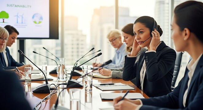 Professional Businesswomen Meeting in Modern Conference Room with Large Windows and City View