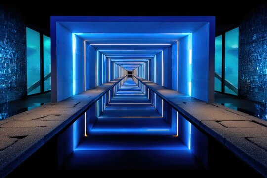 Abstract illuminated blue tunnel with geometric shapes