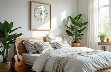 Cozy bright bedroom features white bedding pillows and plants. Guitar stands near bed. Clock hangs on wall. Concept for interior design blog, home decor magazine or real estate ad.