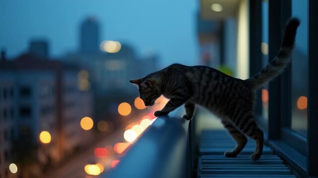 A side-view photo of a cat walking gracefully along a narrow balcony railing at night. The background reveals a softly blurred city skyline glowing with lights&mdash;.