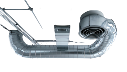 Overhead shot of metallic ventilation system with ducts and a cylindrical air intake