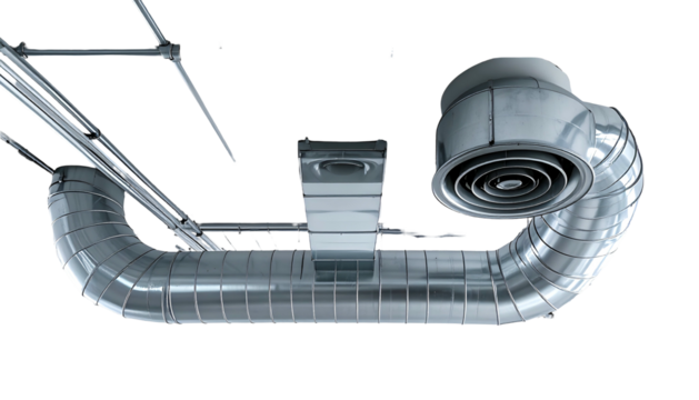 Overhead shot of metallic ventilation system with ducts and a cylindrical air intake