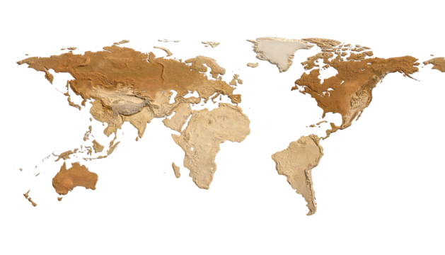 A topographic projection of the Earth highlighting landmasses