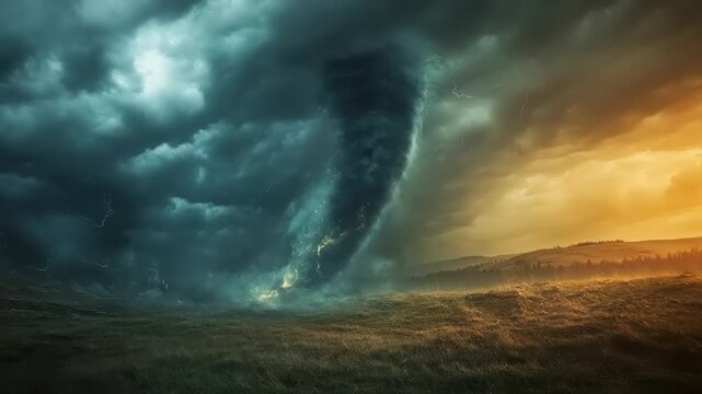 Dramatic view of a massive tornado funnel cloud forming under a dark supercell thunderstorm with epic lighting
