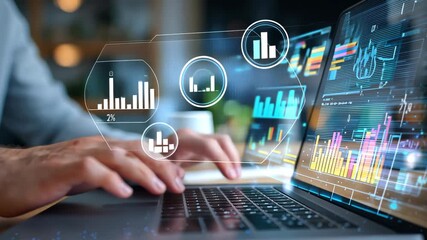 Person uses laptop with futuristic data visualization showing charts graphs and business analytics insights, 4k video - Powered by Adobe