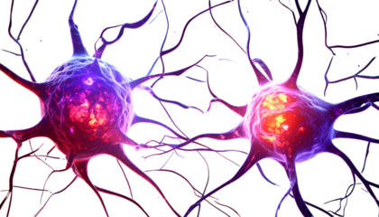 Glowing neuron cells, intricate network, vibrant colors, microscopic view on a black backdrop