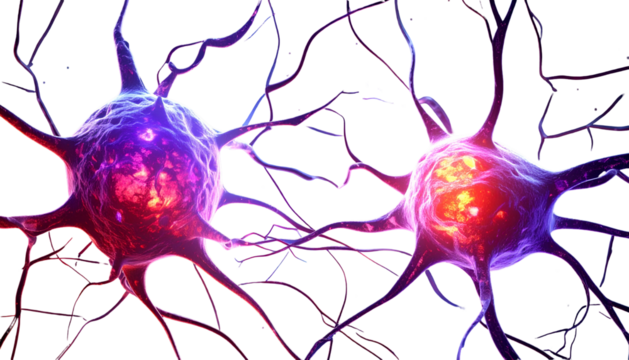 Glowing neuron cells, intricate network, vibrant colors, microscopic view on a black backdrop