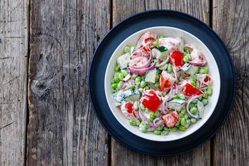 creamy tomato cucumber edamame bean onion salad