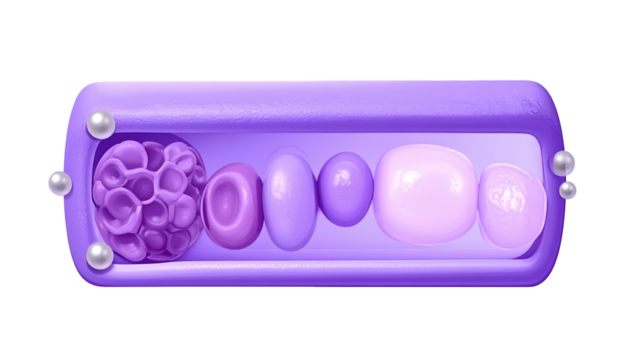 Stylized, purple illustration of various rounded shapes inside a rectangular frame, pearls adorn edges
