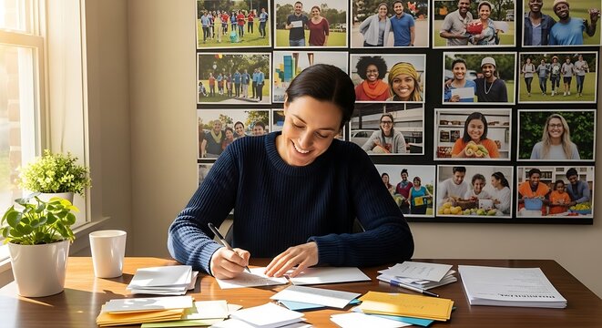 Young Woman Smiling Working at Desk in Bright Office with Photos on Wall