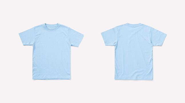Kids T-Shirt for Mockup Isolated on White Background. Regular Fit Light Blue T-Shirt. Kids T-Shirt Flatlay from Front and Back Side.