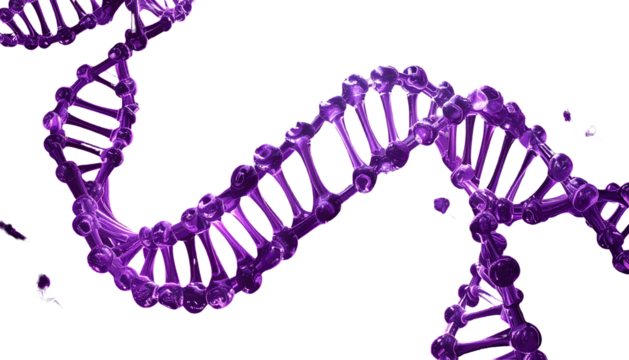 A swirling, glowing purple double helix structure against a stark black backdrop