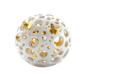 Spherical object, white with holes, gold butterflies inside, on black background