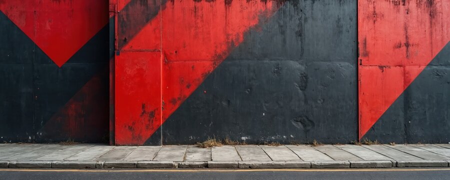 Dark concrete wall displays bold red and black geometric pattern. Textured surface reveals urban architecture details. A grey pavement extends along the base of the building creating a street scene.