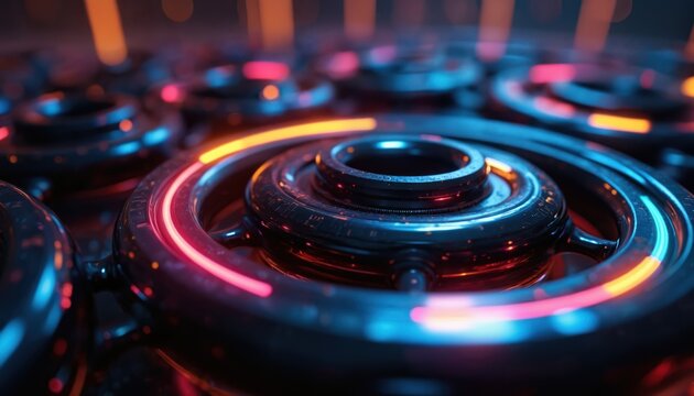 Abstract glowing rings in blue and orange. Geometric shapes form complex patterns. Digital network structure with depth. Futuristic AI data processing. - Powered by Adobe