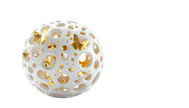 Spherical object, white with holes, gold butterflies inside, on black background