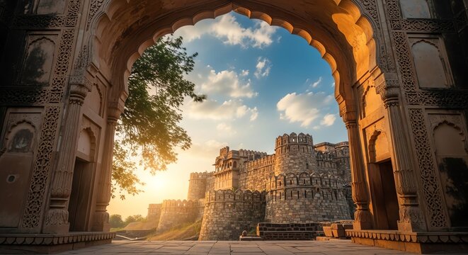 Fort architecture with arched gateway and sunset