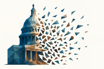 faceted silhouette of federal building crumbling into geometric fragments on light background, shutdown USA