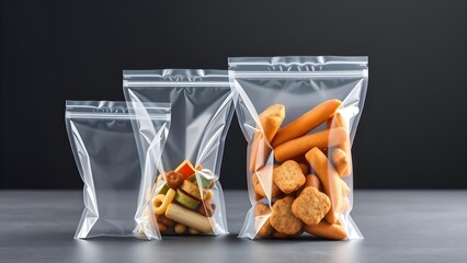 Transparent reusable food bags standing upright with snacks and meal prep items