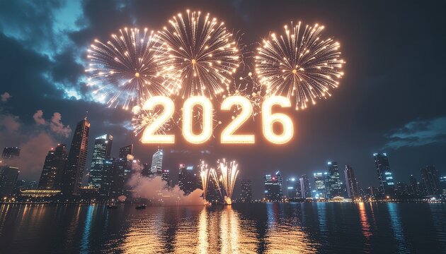 Golden fireworks illuminate 2026 over futuristic city skyline