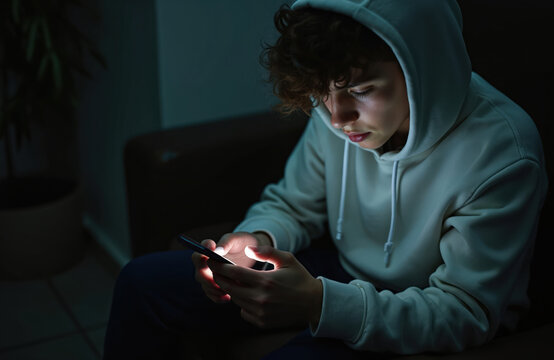 Teen boy using phone in the dark room. He holds smartphone scrolling or texting. Young male is wearing a hoodie looking focused. The scene conveys isolation or connection via tech.