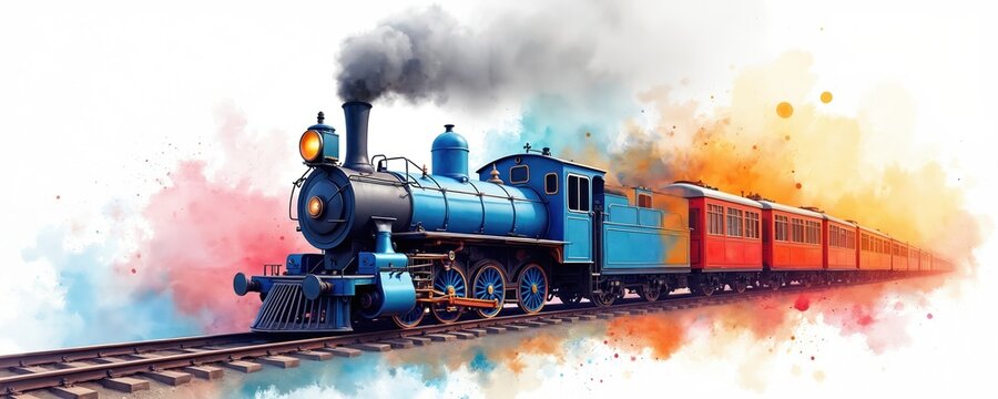 Vintage steam locomotive travels on tracks. Blue engine with red cars emits black smoke against colorful watercolor splashes. Old train illustration evokes nostalgia for rail journeys.