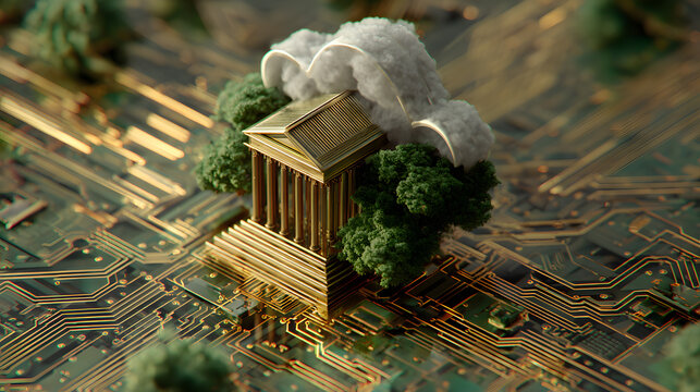 A futuristic 3D animation visualizing cloud computing technology merging with banking architecture, set against a backdrop of a vibrant circuit board. It highlights the concept of digital banking