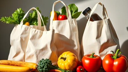 grocery bag with vegetables. reusable food bags displayed with fresh produce, soft shadow, natural lighting with high-detail background