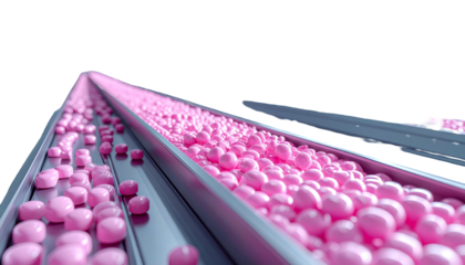 Pink square candies move along a conveyor belt, industrial, isolated on black background