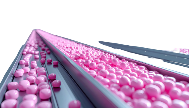 Pink square candies move along a conveyor belt, industrial, isolated on black background
