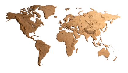 A relief map depiction of Earth continents in gold against a stark, black backdrop