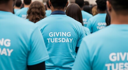 Group of People Wearing Blue Giving Tuesday T-shirts Participating in Charity Event