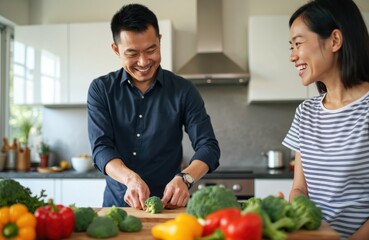 Asian couple happily prepares healthy meal together in modern kitchen. Man chops broccoli while woman laughs. They enjoy cooking time making fresh food for lunch or dinner.