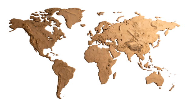 A relief map depiction of Earth continents in gold against a stark, black backdrop