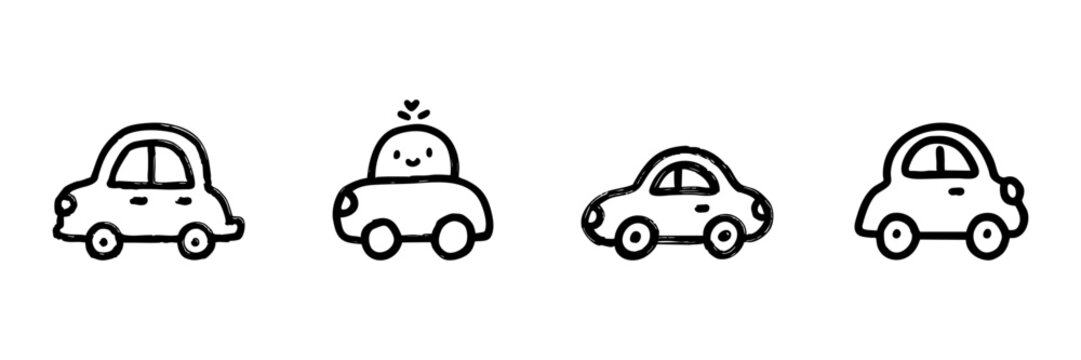 Cute Car Line Icon Set In Doodle Style. Playful Transportation And Vehicle Illustration Outline Sketch Collection. Hand Drawn Isolated Vector Illustration