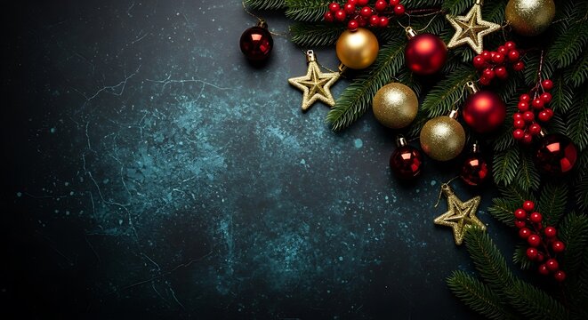 Photo of festive christmas garland with red baubles, golden stars, and berries on a dark, textured background, perfect for holiday decoration