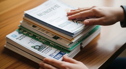 Person Organizing Stack of Printed Job Listings and Flyers on Wooden Desk