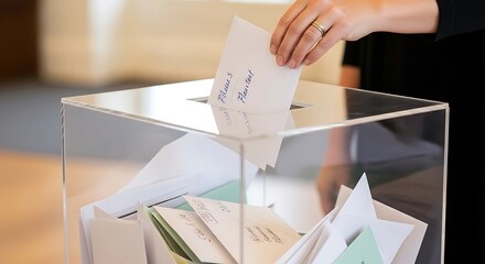 Person Hand Dropping White Envelope Into Transparent Donation Box with Letters and Cards in Modern Setting