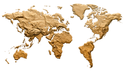 A textured, sepia-toned world map sculpted with elevated landmasses on a black background