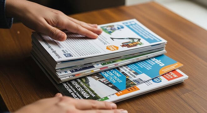 Person Handling Stacked Brochures on Wooden Table in Office Setting