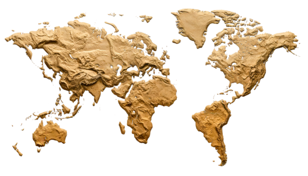 A textured, sepia-toned world map sculpted with elevated landmasses on a black background