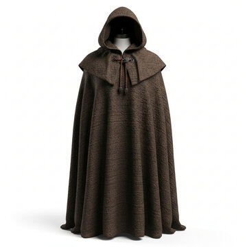 Elegant hooded cloak in earthy brown, perfect for fantasy cosplay or historical reenactment, adds a touch of mystery and adventure to any medieval-themed project