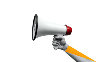 Hand holding a white megaphone against a black backdrop, with orange arm segment