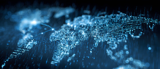 Abstract digital world map on blue background with binary code and global network connection technology concept, data transfer and cyber security in the cyberspace