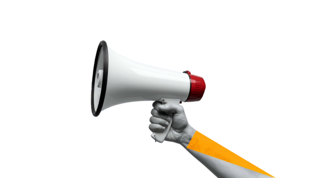 Hand holding a white megaphone against a black backdrop, with orange arm segment